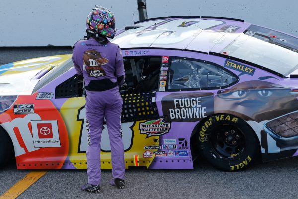 Kyle Busch drives the number 18 M&M's Fudge Brownie Toyota during